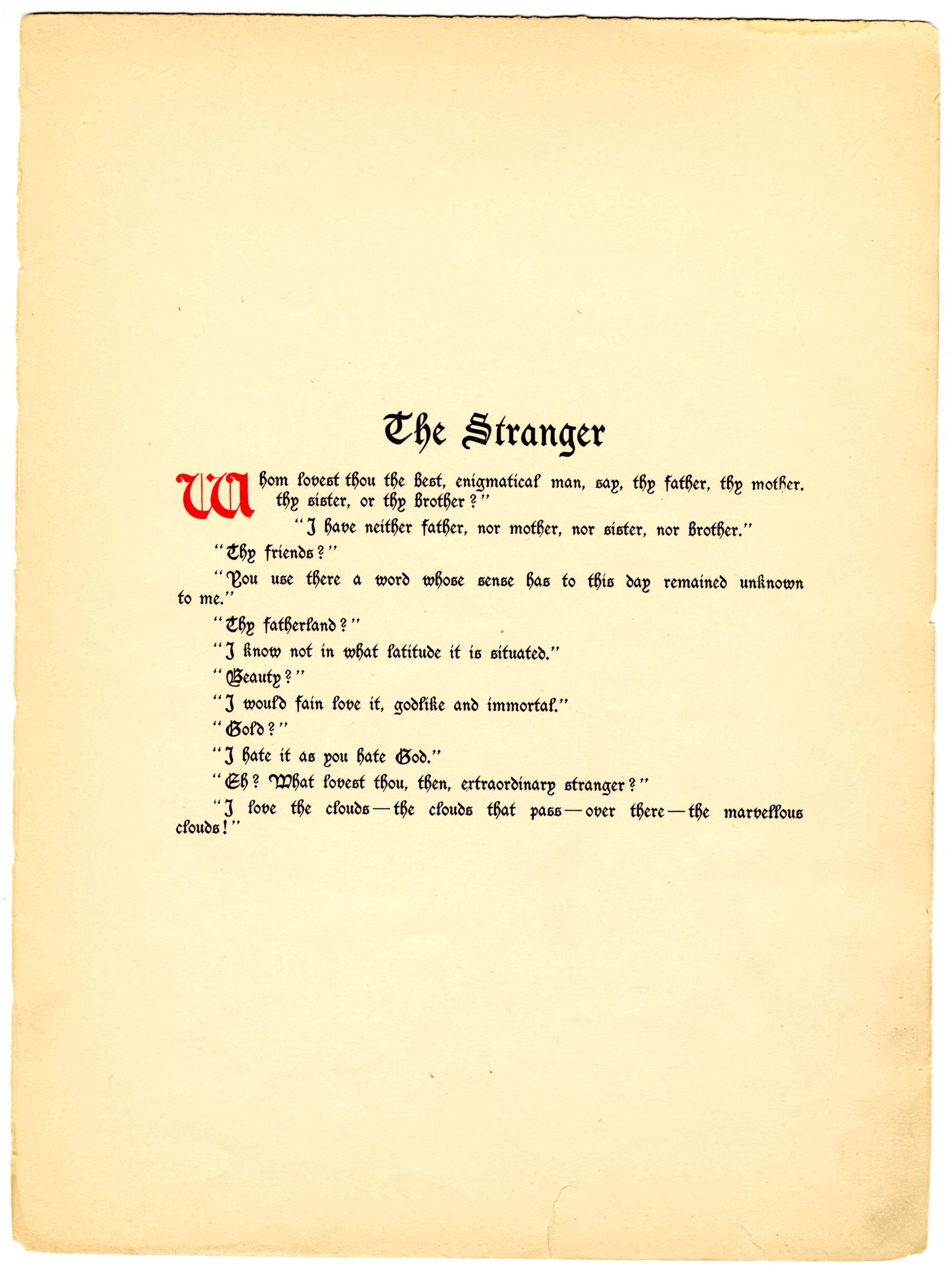 Text of The Stranger, poem by Baudelaire, from Tone Pictures score.