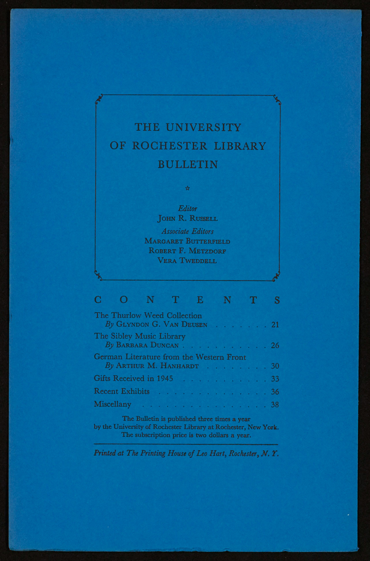 UR Library Bulletin, June 1946, table of contents UR Library Bulletin, June 1946, table of contents