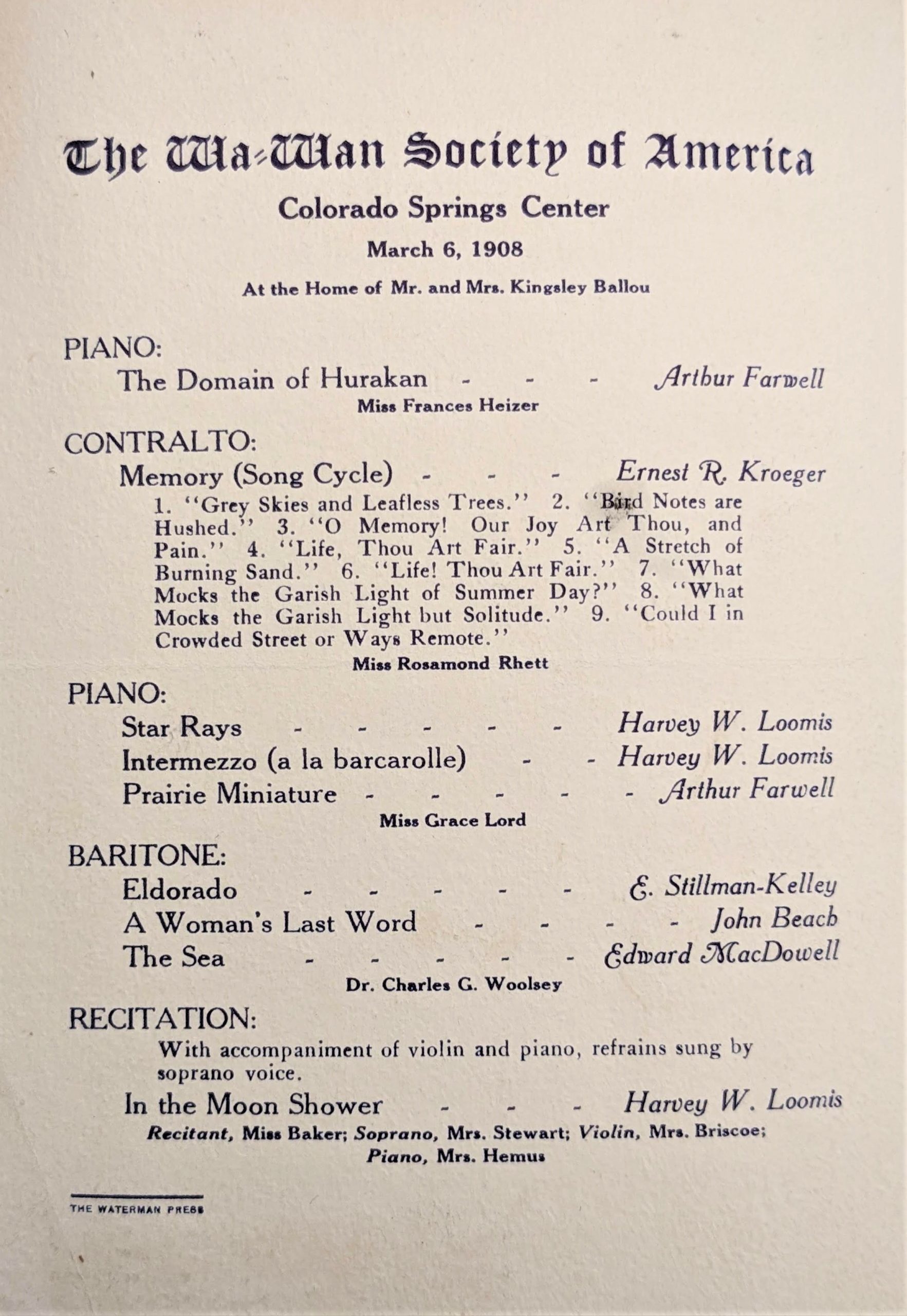 Wa-Wan Society Colorado Springs Center meeting program (1908). Wa-Wan Society Colorado Springs Center meeting program (1908).