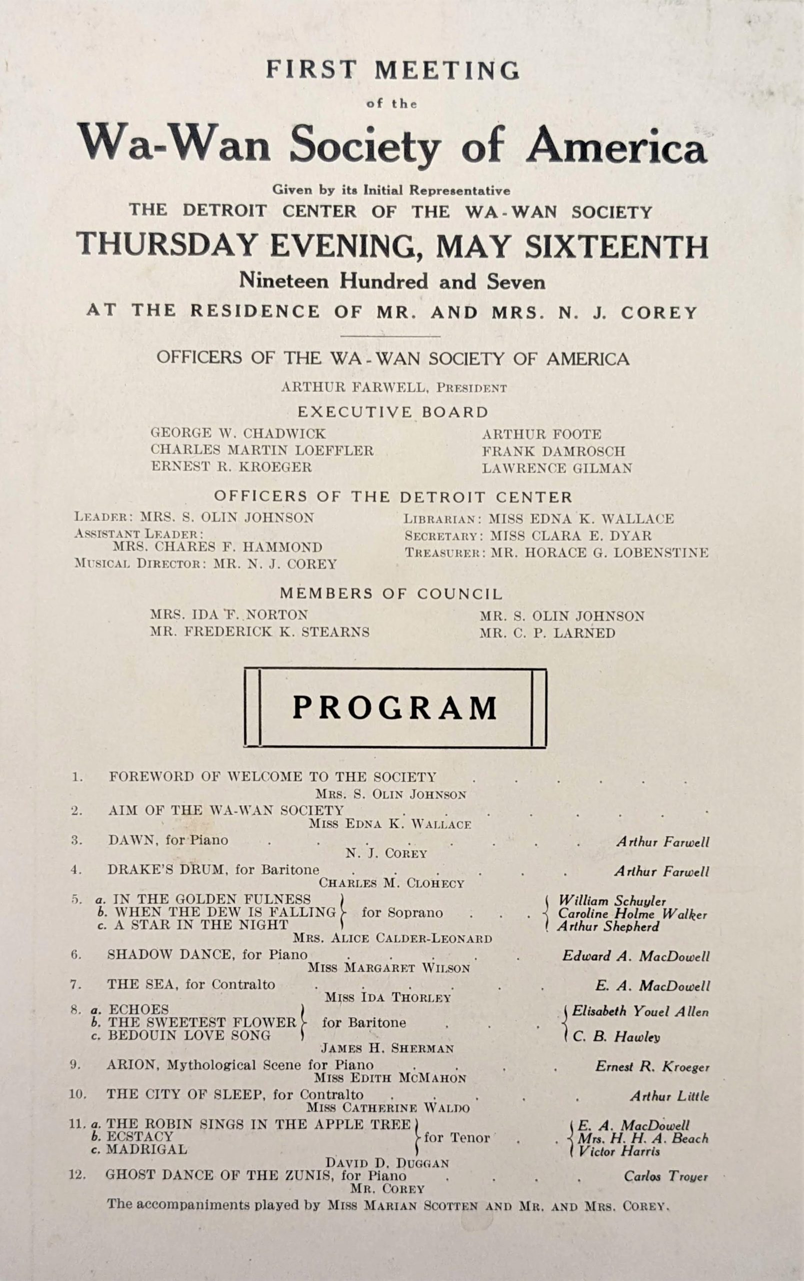 Wa-Wan Society Detroit Center first meeting program (1907). Wa-Wan Society Detroit Center first meeting program (1907).