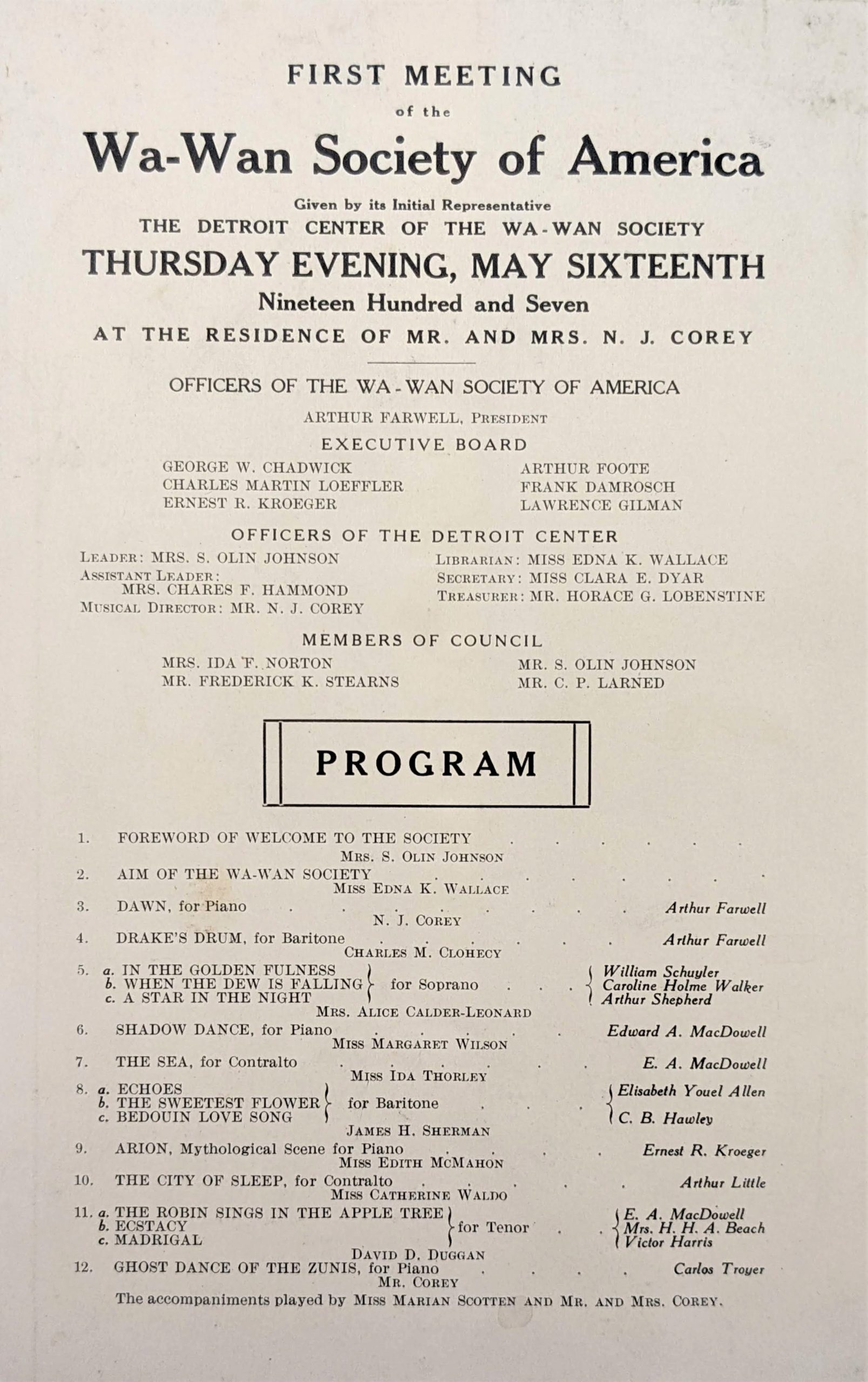 Wa-Wan Society Detroit Center first meeting program (1907).