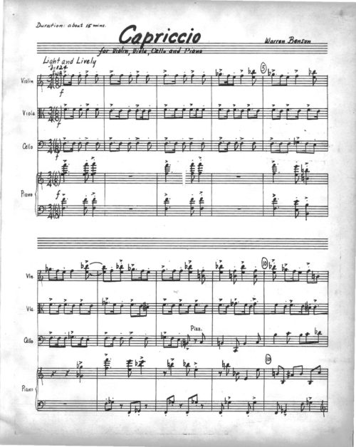 Warren Benson Capriccio page 1 Page one of the full score of Warren Benson’s Capriccio (1971).