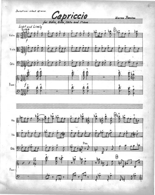 Page one of the full score of Warren Benson’s Capriccio (1971).