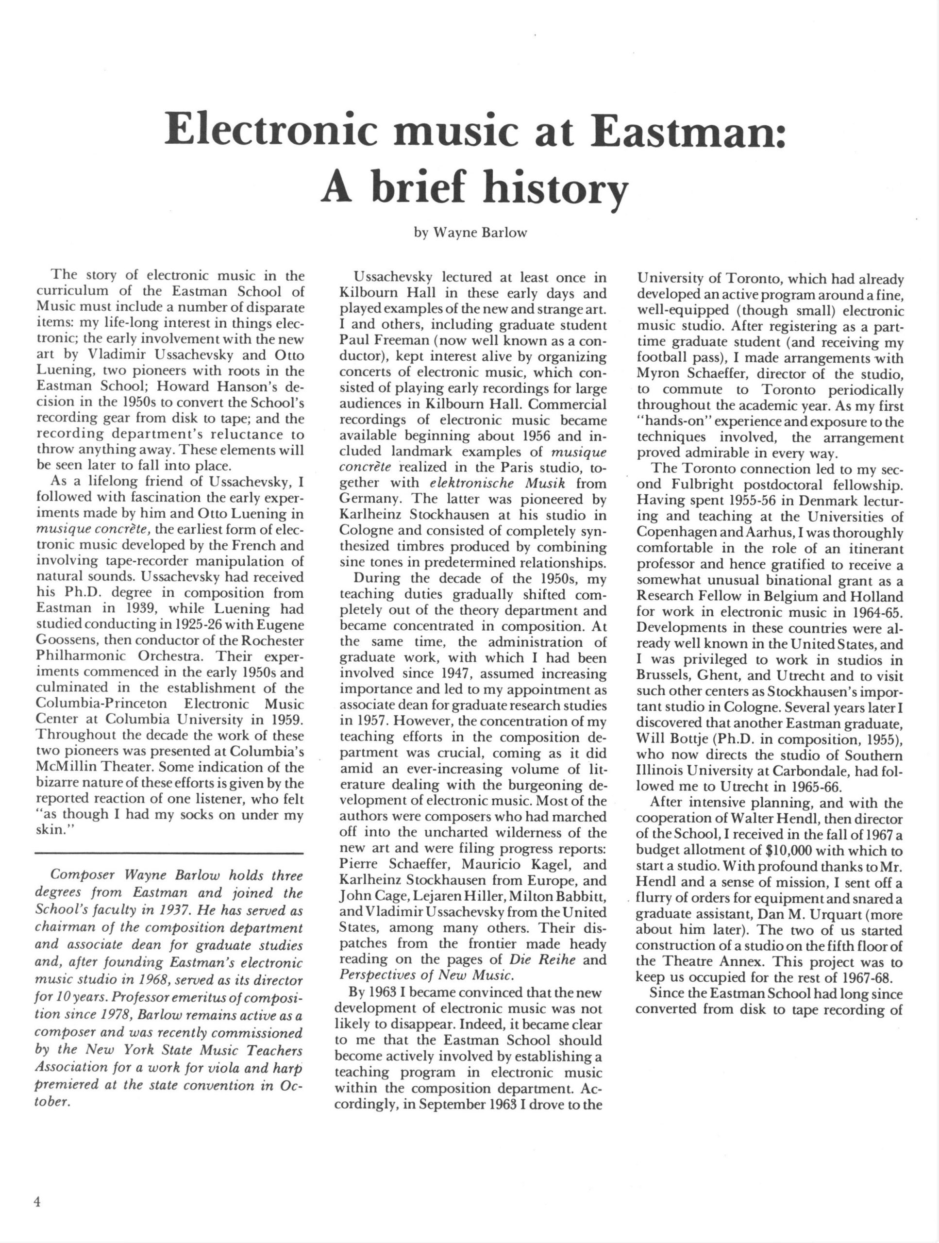 Wayne Barlow, Electronic Music at Eastman article, page 1