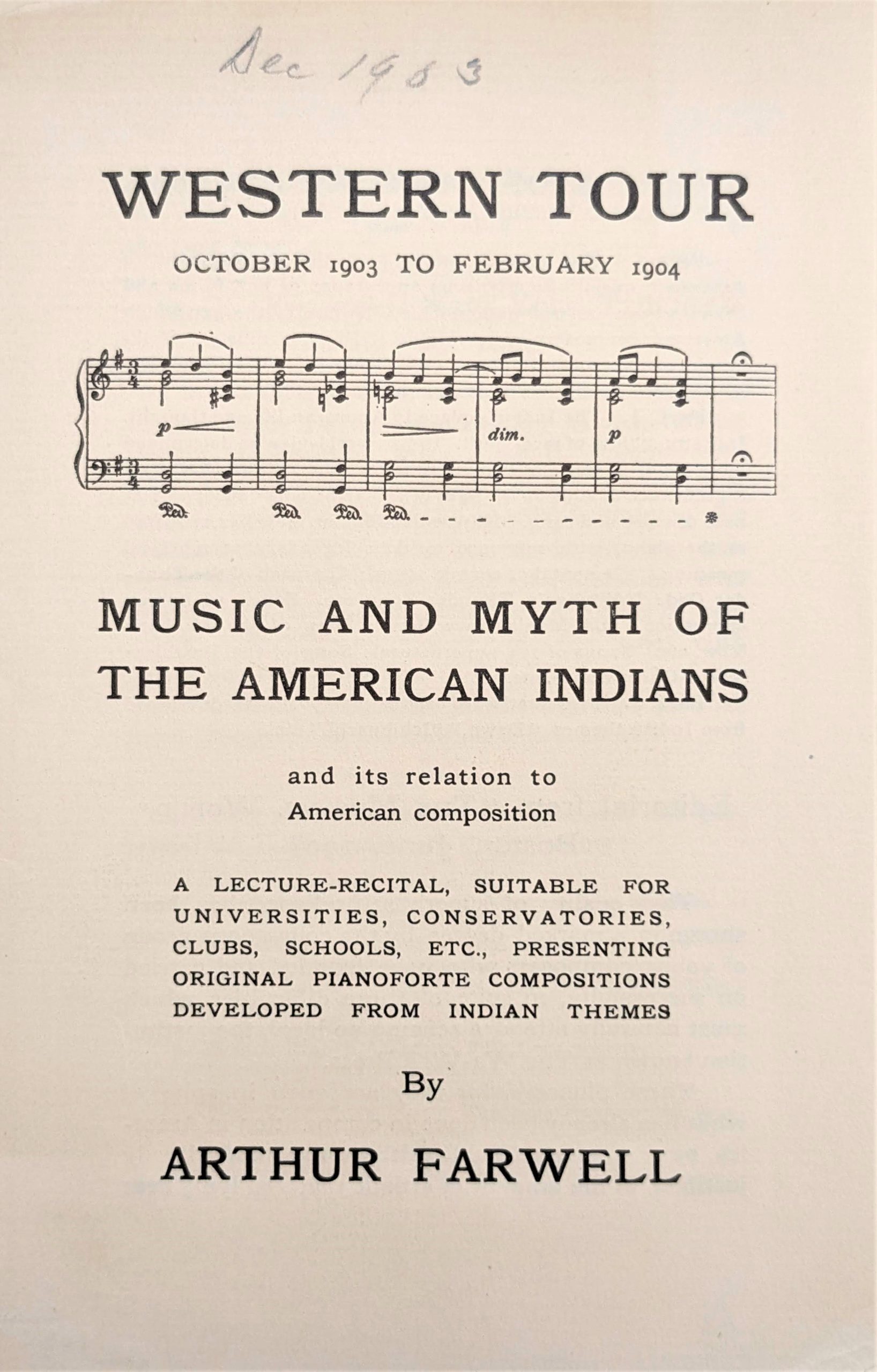Brochure for Farwell’s Western Tour lecture-recital (1903-1904). Western Tour brochure 1903
