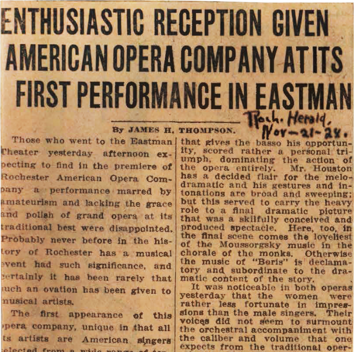 On November 20th, 1924, the Rochester American Opera Company made its public debut with a Mussorgsky/Leoncavallo double bill in the Eastman Theater.