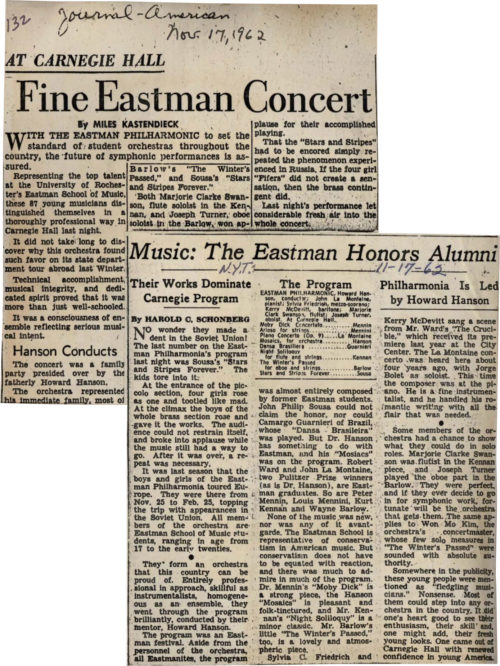 Two concert reviews from the New York City press. The review by Harold C. Schonberg, published in The New York Times on November 17th, 1962, must have been especially gratifying to Hanson and to the orchestra members. New York Scrapbook October-November 1962, page 132. Sibley Music Library.