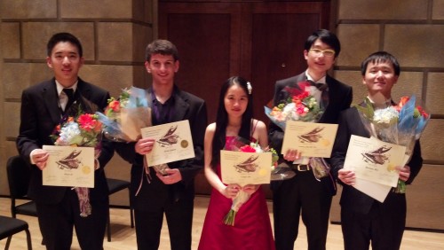 From left, Brian Le, 17, of Silver Spring, Maryland, First Prize and Gold Medal; Misha Galant, 17, of San Ramon, Calif., Third Prize and Bronze Medal; Evelyn Mo, 16, of Oak Hill, Virginia, Finalist; Tommy Jing Yu Leo, 15, of London, England, UK, Finalist; and Yaowen Mei, 18, Wuhan, China, Second Prize and Silver Medal.