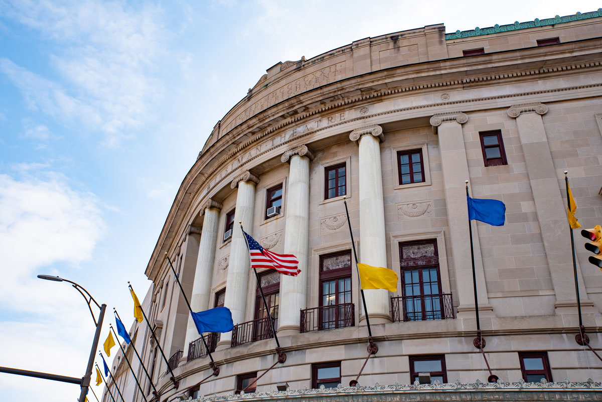 Covid Remembrance Flags Half Mast at Eastman Theatre