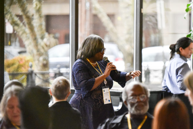 Dr. Crystal Sellers Battle, host and keynote speaker for Context Conference 2023, speaks to attendees at a luncheon in Sproull Atrium. Photo by Lauren Sageer.