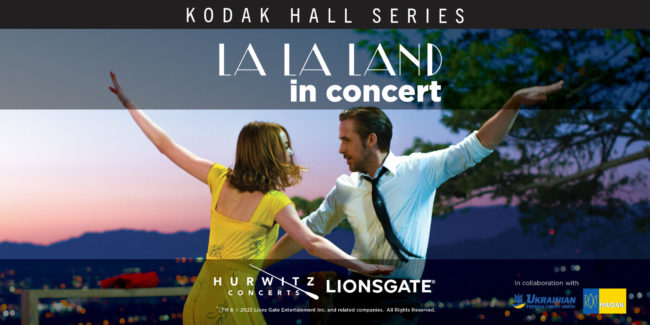 23COM72201_Update to La La Slider_Web Slider_MULTICROP A Black banner with the Words "Kodak Hall Series" sits atop an aimage of Ryan Gosling and Emma Stone dancing from the film La La Land