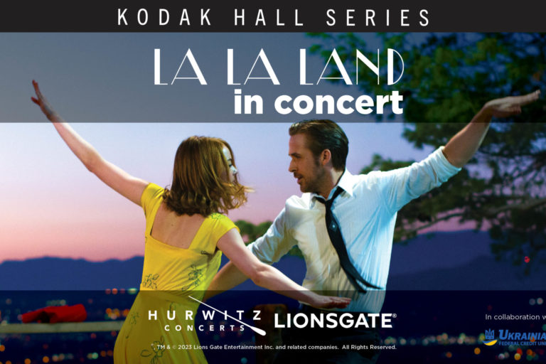 A Black banner with the Words "Kodak Hall Series" sits atop an aimage of Ryan Gosling and Emma Stone dancing from the film La La Land