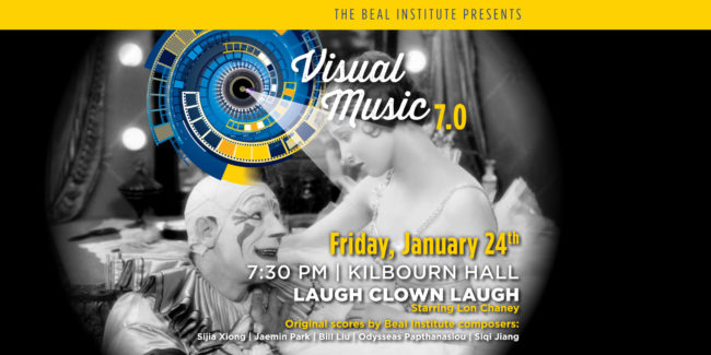 24BEAL75198_Visual Music 7.0 WebSliderv2_MC2 Graphic with a picture of a clown, in reference to "Laugh, Clown, Laugh" - a silent film being played while original student compositions are played to accompany it.