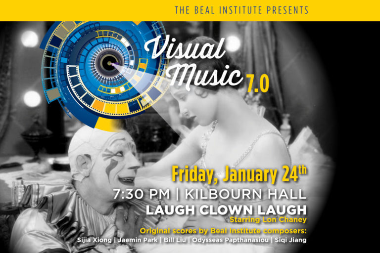 Graphic with a picture of a clown, in reference to "Laugh, Clown, Laugh" - a silent film being played while original student compositions are played to accompany it.