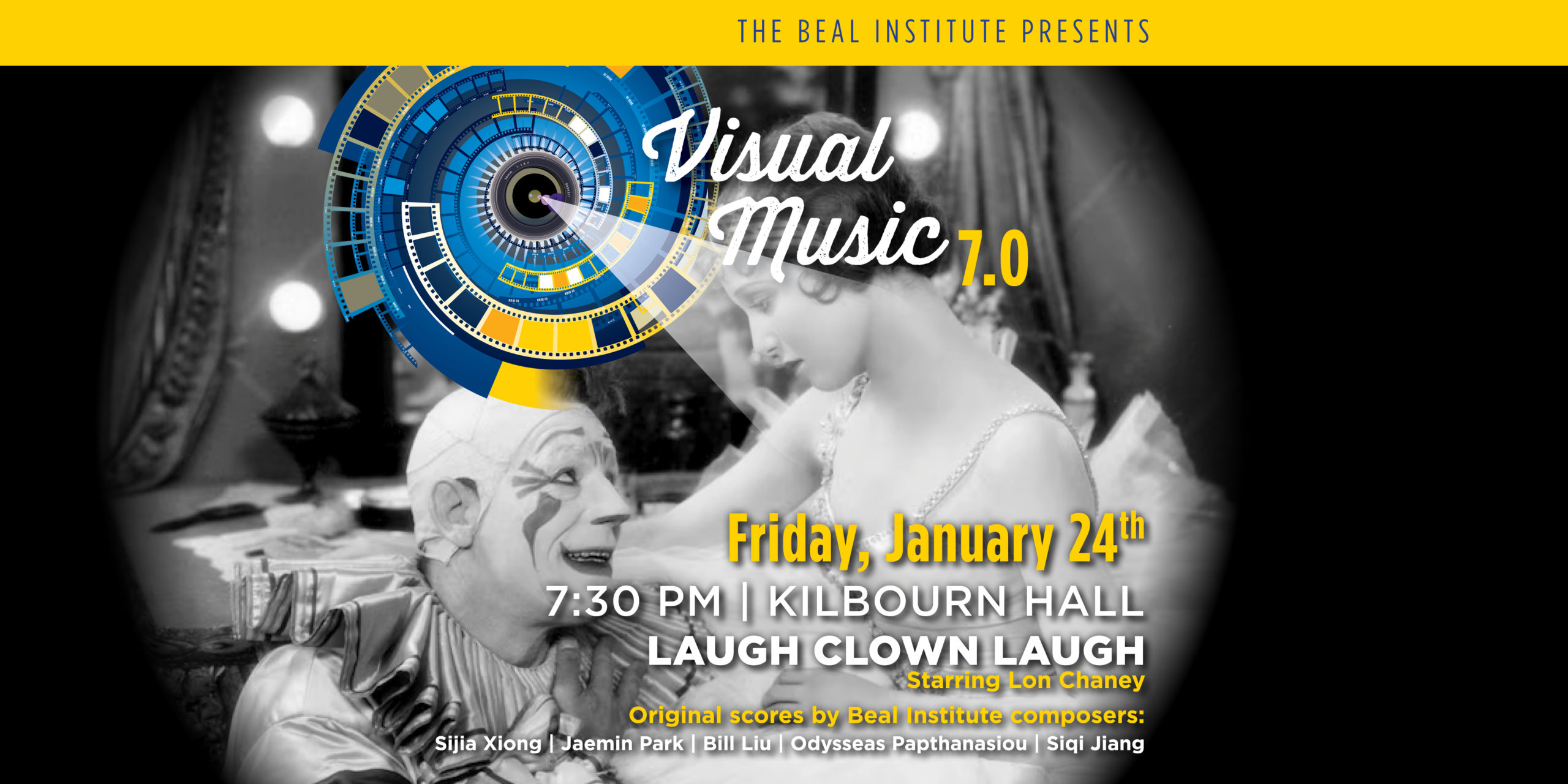 Graphic with a picture of a clown, in reference to "Laugh, Clown, Laugh" - a silent film being played while original student compositions are played to accompany it.