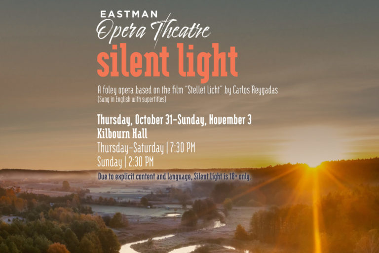 Sunset over a stream in a forested rural area with details about Eastman Opera Theatre's production of "silent light"