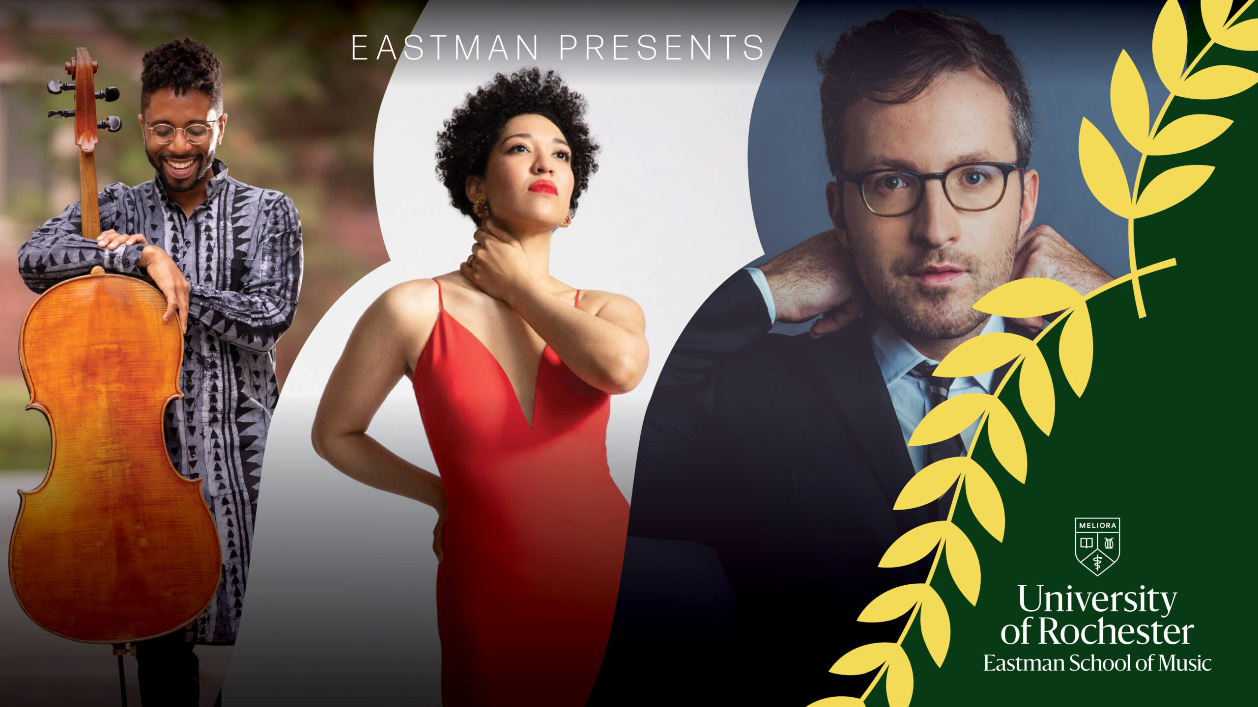 Photos of Seth Parker, Julia Bullock, and Conor Hanick framed side by side next to the design flourish for Eastman Presents' Kilbourn Hall Series