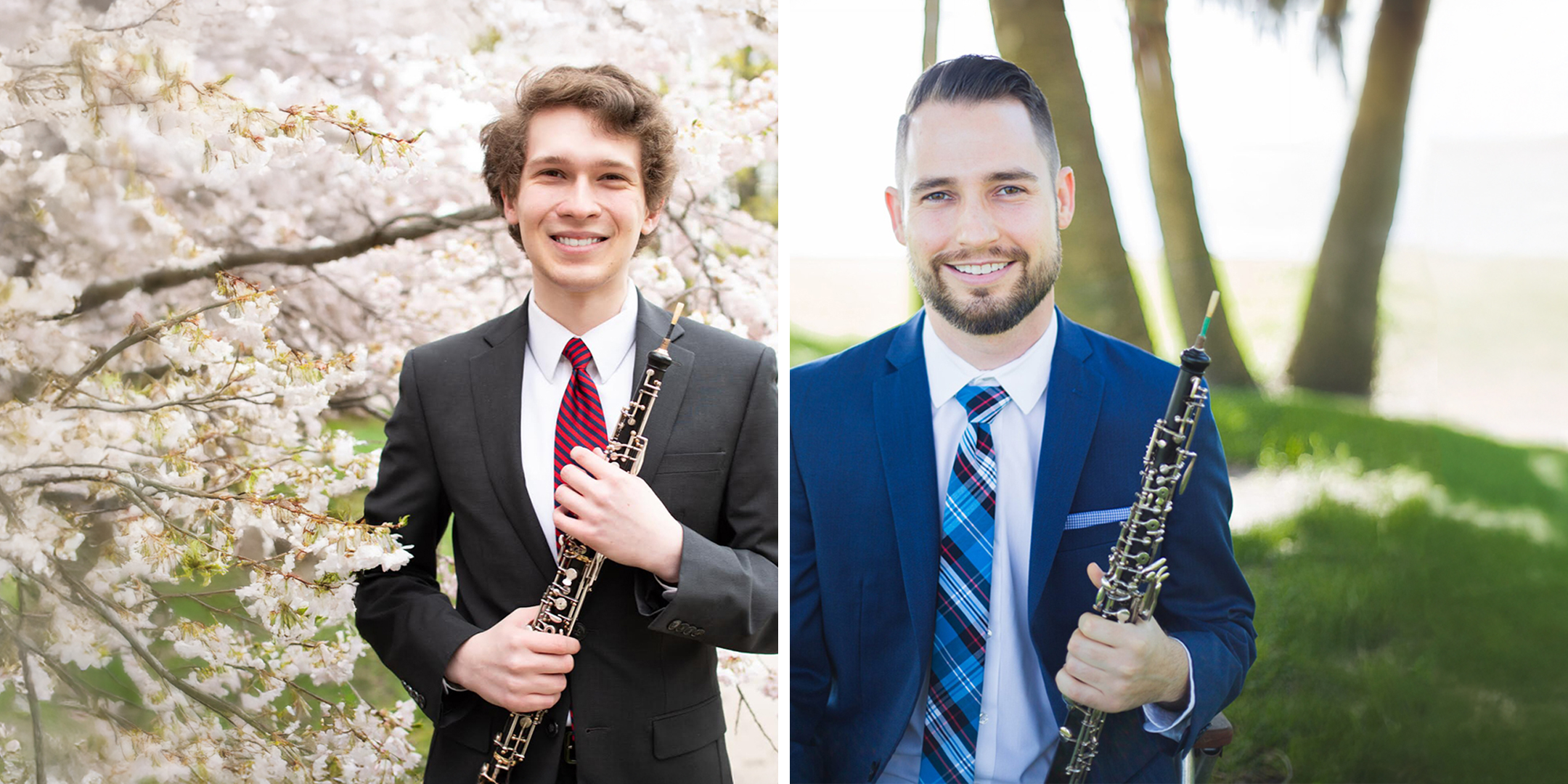 The frame of the image is split between two photos. The left side is a photo of Peter Davies standing infant of blooming cherry blossoms holding an oboe, the right side is John Upton, also holding an oboe standing in a grassy area that appears to be just off of a beach with palm trees which are blurred in the background