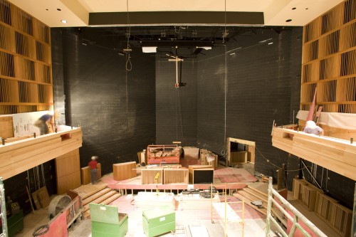 Looking down from the mezzanine level of Hatch Recital Hall toward the stage
