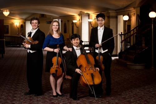 The Eastman String Quartet (from left, Markiyan Melnychenko, violin; Kelsey Farr, viola; Hyeok Kwon, cello; and Che Ho Lam, violin) will be playing at the Presidential Inaugural Luncheon on Monday, Jan. 21. (Adam Fenster/University of Rochester)