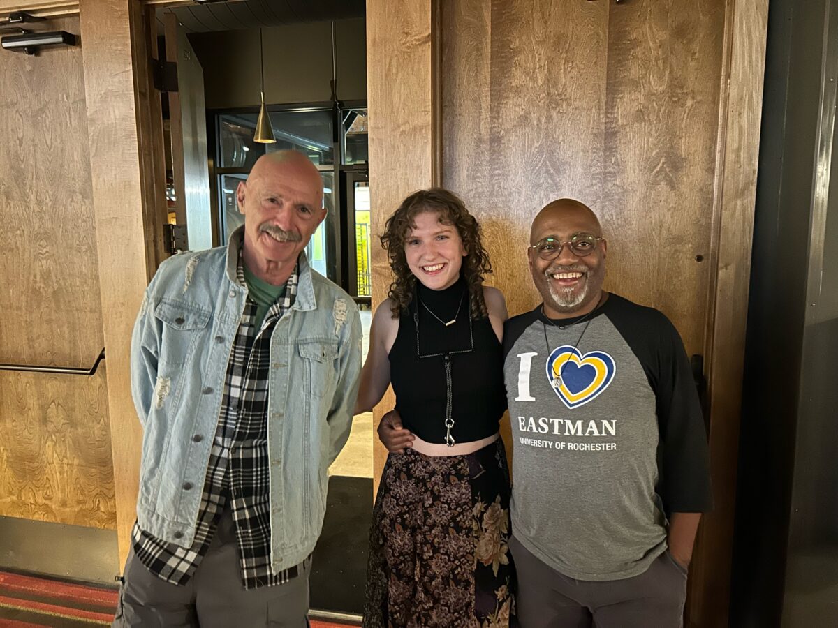 alumni Tony Levin '68E (left) and Sarah Navratil '24E with William Eddins in Fingal's Cave at MetroNOME Brewery (St. Paul, MN)