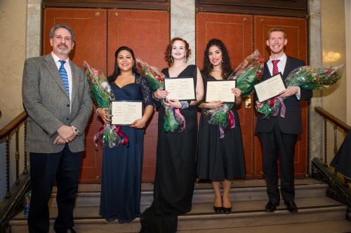 From left, Jay Lesenger, adjudicator for this year's Friends of Eastman Opera Competition; Melissa Fajardo, First Place, Lynne Clarke Vocal Prize; Keely Futtere, Second Place, Annabel Muenter Vocal Prize; Sophia Burgos, Third Place; Zachary Burgess, Honorable Mention