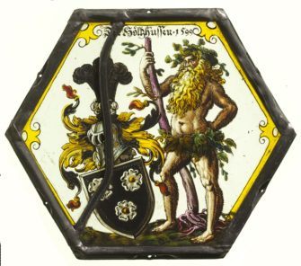 German stained glass depicting Wild Man with the Arms of the Holzhausen Family (1599). Glass with silver stain, vitreous paint, and lead