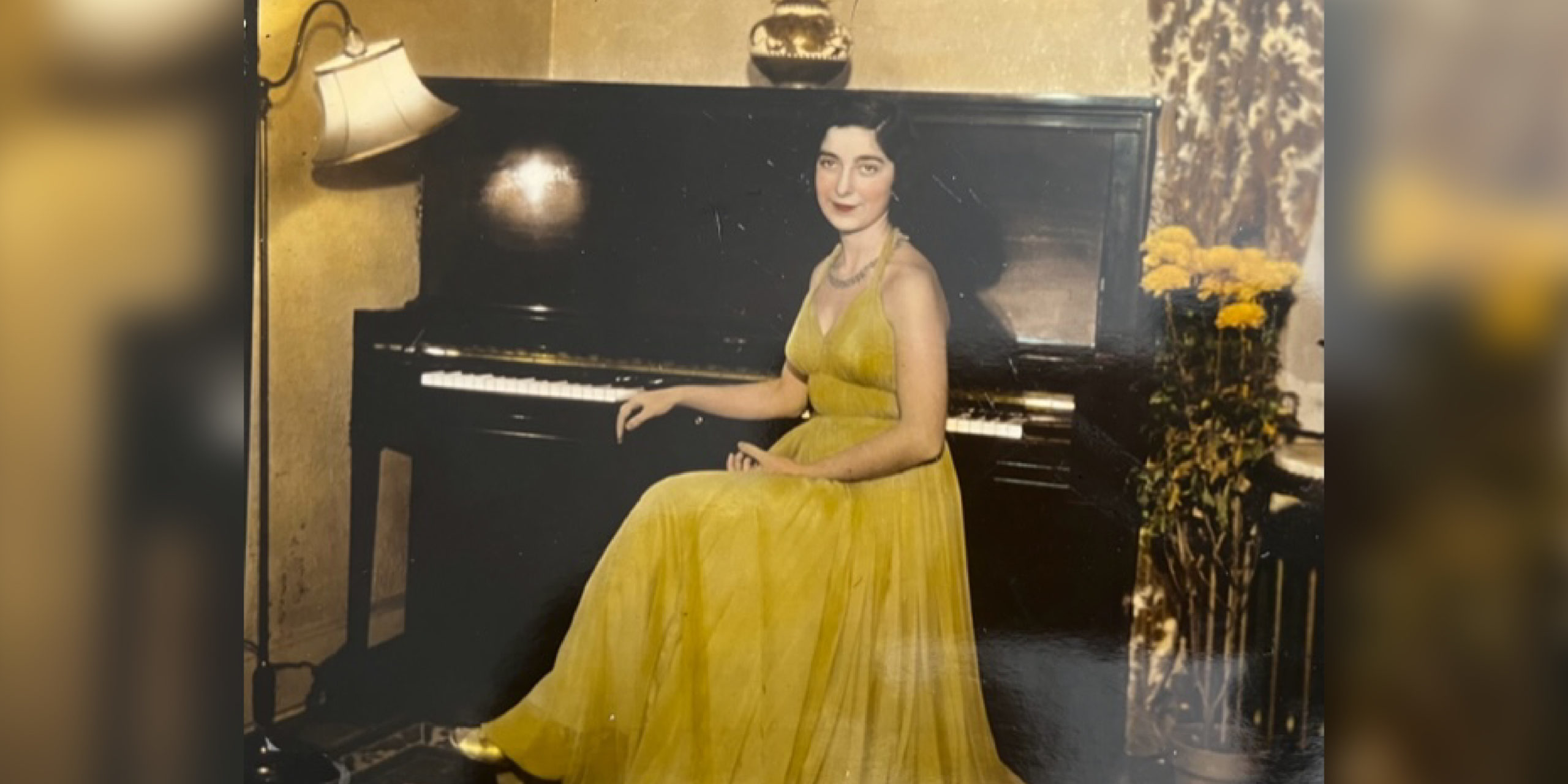 Gloria in Yellow Dress-resize Alumna Gloria Mikialian '45E in a yellow dress at the piano. Date unknown.