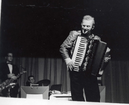Jerome Jolles, father of Professor Renee Jolles, performing on the accordion with his Jerome Jolles Orchestra in the Catskills.