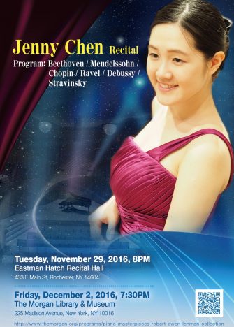 Pianist Jenny Chen will give recitals in Rochester and New York City featuring works from the Robert Owen Lehman Collection of music manuscripts at The Morgan Library & Museum