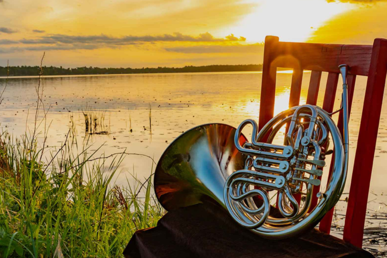 Image of horn on chair with sunset over water behind