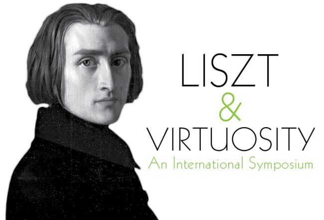 Liszt Horizontal A poster Liszt and Virtuosity – An International Symposium featuring a drawing of Liszt with text.
