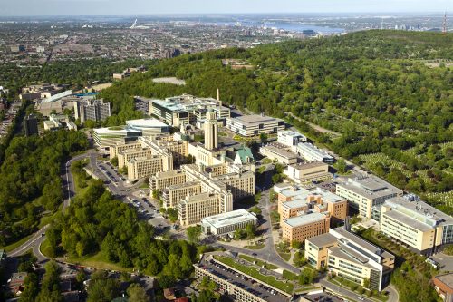 Aerial view of The University, and the city, of Montréal, Quebec.