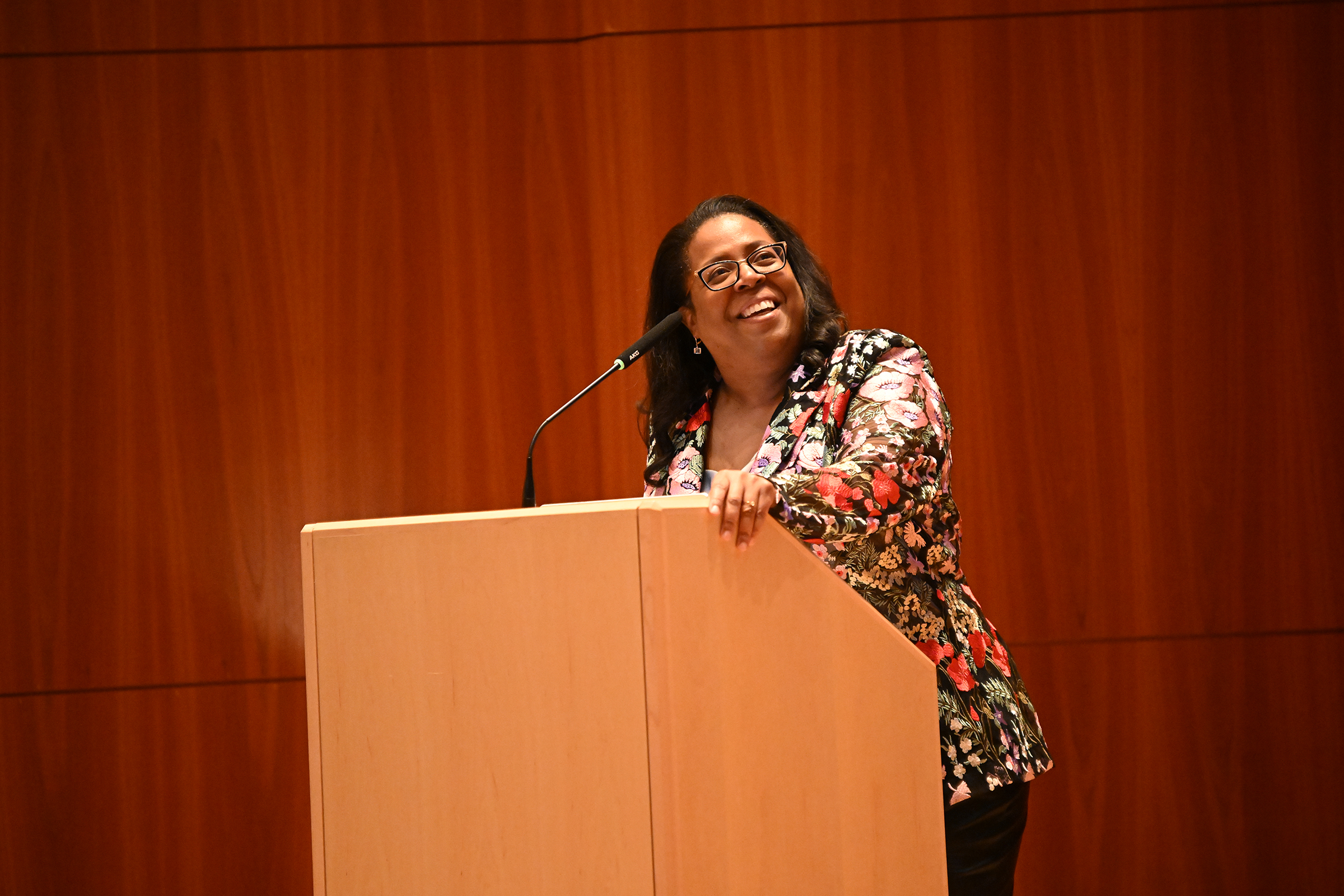 Musicology lecturer at podium image