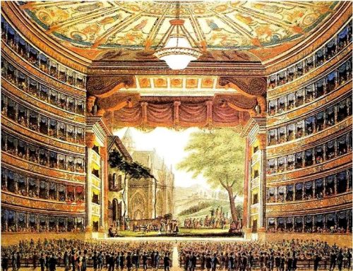 A vintage drawing of a crowded opera hall.