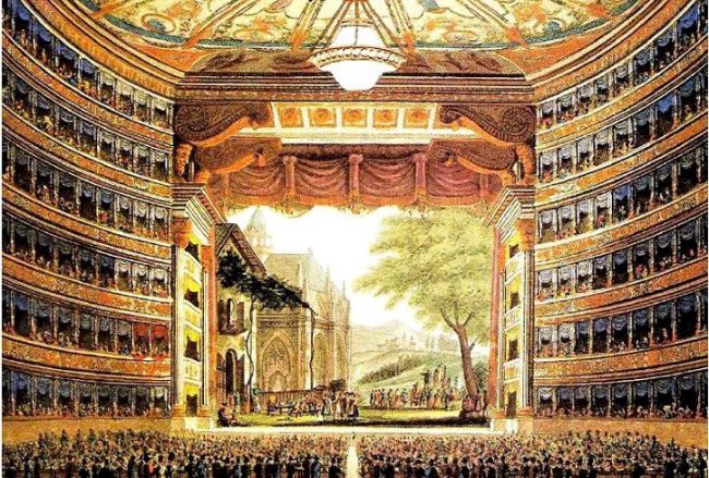 A vintage drawing of a crowded opera hall.