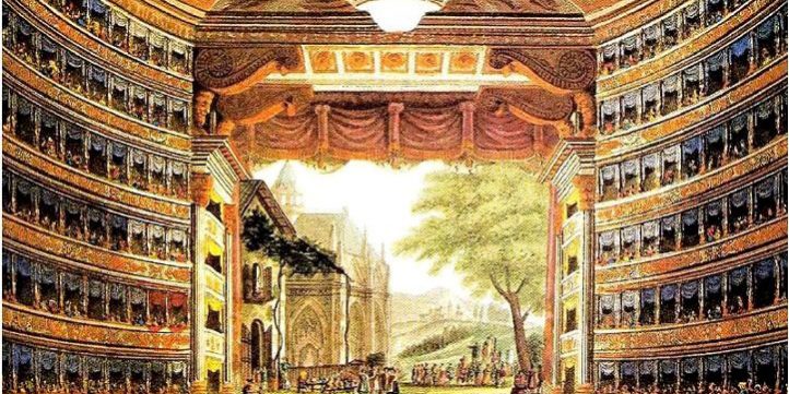 A vintage drawing of a crowded opera hall.