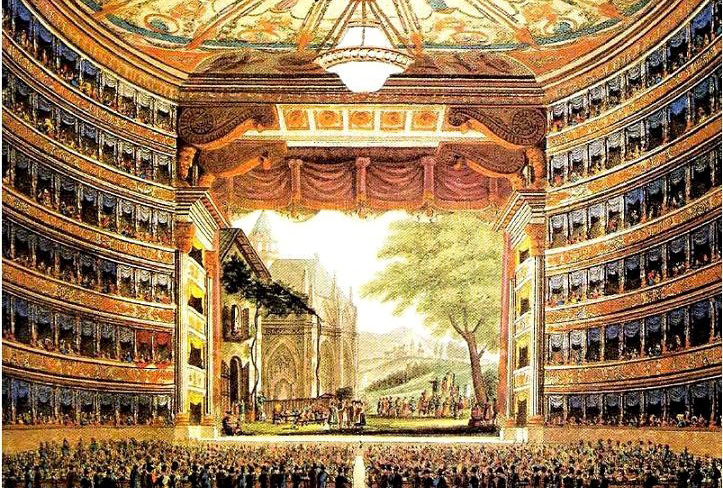 A vintage drawing of a crowded opera hall.