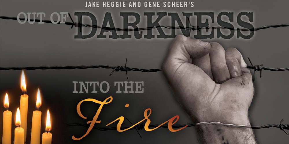 A poster of 5 candles and a fist holding barbed wire for Out of Darkness and Into the Fire productions.