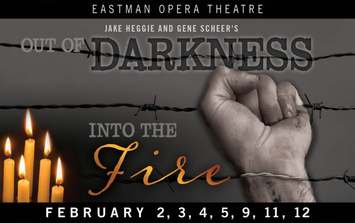 A poster of 5 candles and a fist holding barbed wire for Out of Darkness and Into the Fire productions.
