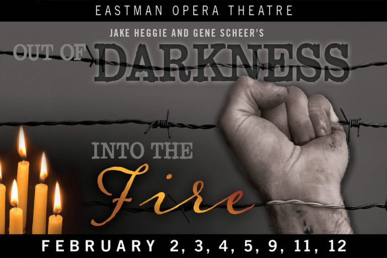 A poster of 5 candles and a fist holding barbed wire for Out of Darkness and Into the Fire productions.
