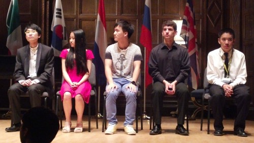 Finalists in this year's competition are, from left, from left, Tommy Jing Yu Leo, 15, from London, England, the United Kingdom; Evelyn Mo, 16, of Oak Hill, Virginia, USA; Yaowen Mei, 18, of Wuhan, China; Misha Galant, 17, of San Ramon, California, USA; and Brian Le, 17, Silver Spring, Maryland, USA. 