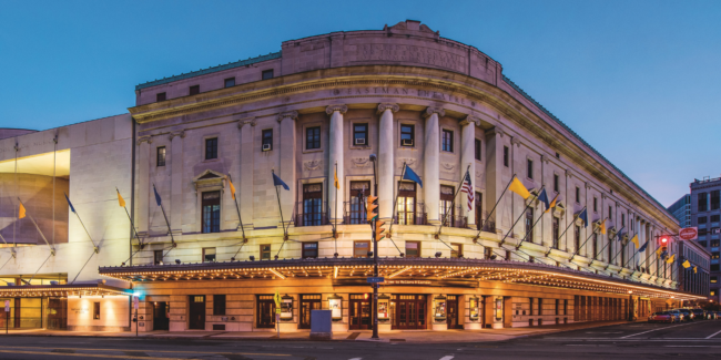 Eastman Theatre facade at dusk