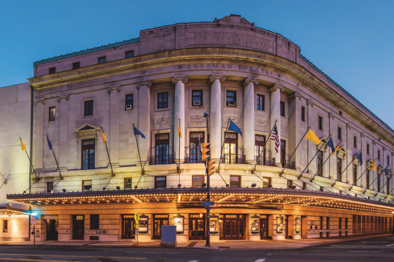 Eastman Theatre facade at dusk