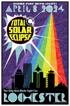 Tyler Nordgren's eclipse poster for Rochester, previewing the 2024 total solar eclipse. [click to enlarge]