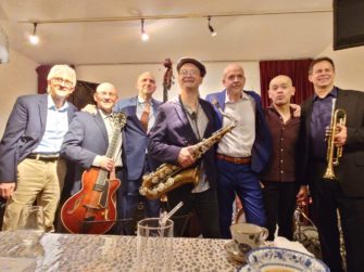 The septet at the Village Jazz & Blues Bar in Kiryu, Japan. L to R: Chris Azzara, Bob Sneider, Jeff Campbell, François Theberge, Todd Lowery, Yoshihito Etoh, and Chris Persad.