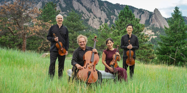 Takacs Quartet posed in a field with instruments, mountains in background