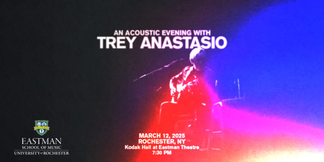 Graphic advertising "An Acoustic Evening with Trey Anastasio" with abstract image of Trey playing guitar in red and blue spotlight.