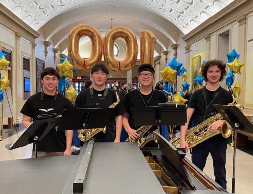The Saffion Saxophone Quartet (Matthias is pictured on far right) at the Eastman Centennial Perform-a-Thon on March 4, 2022.